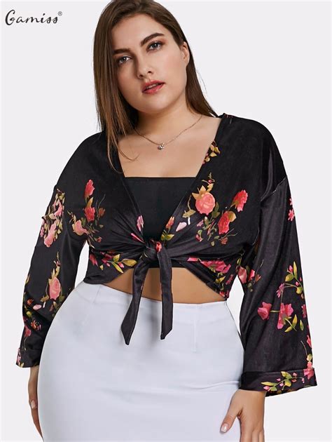 Gamiss Women Long Sleeves Crop Tops Shirts Velvet Floral Plus Size Wrap