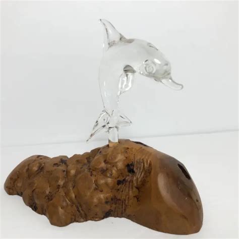 Vintage Clear Glass Dolphin On Burl Wood Base Sculpture Figurine 1899