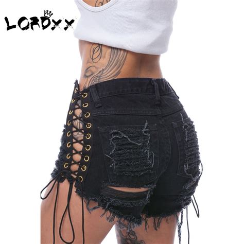 Buy Lordxx Black Women Jeans Shorts Ripped Shorts Femme Elastic Lace Up Sexy