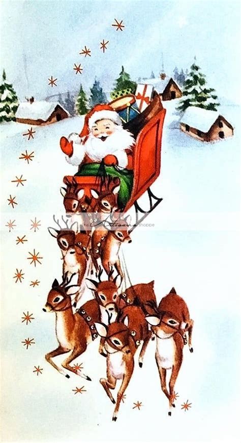 Digital Download Printable Art Santa Claus Flying Sleigh Etsy