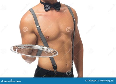 Close Up Of A Male Waiter With A Bare Torso Holding An Empty Tray In