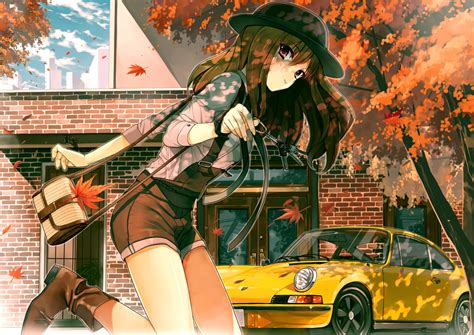 Wallpaper Illustration Long Hair Anime Girls Car Hat Porsche 911