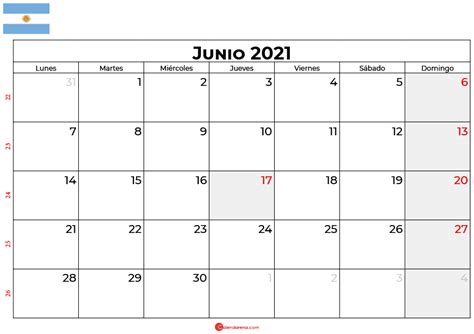 Descargar Gratis Calendario Junio 2021 Argentina