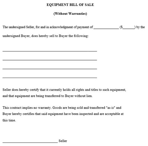 Printable Equipment Bill Of Sale Templates And Forms Ms Word Best