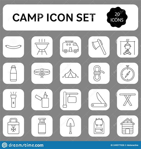 20 Camp Symbols Or Icon Set In Linear Style Stock Illustration