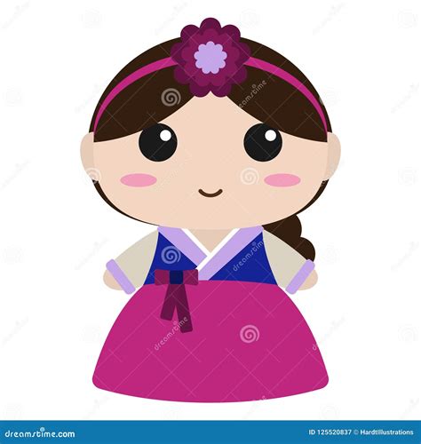 Hanbok Girl Korean Traditional Dress Cartoon Vector