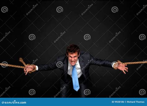 Businessman Being Pulled By Rope On Both Sides Stock Photo Image Of
