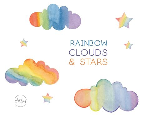 The Rainbow Clouds And Stars Are Painted In Watercolor