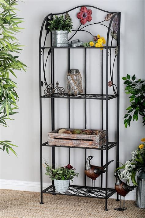Decmode Large Indoor And Outdoor Metal Shelf With Flowers Decorative