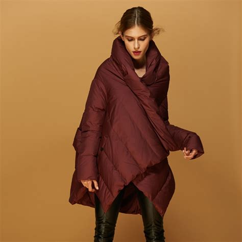 fashion asymmetric length down jackets winter warm parkas cloaks european designer hooded anorak