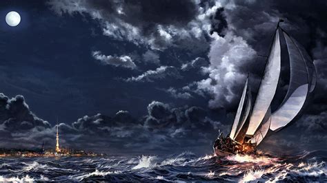 Painting Artwork Sea Ship Sailing Ship Clouds Night Moon