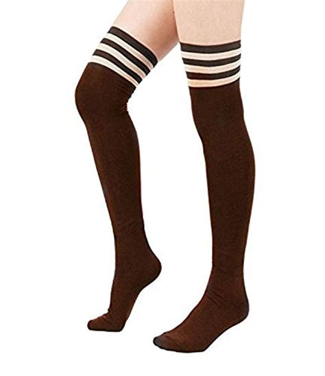 spring fever womens cotton vertical stripe tube over knee thigh high stockings brown knee high