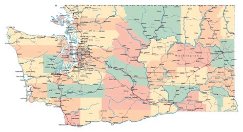 Laminated Map Large Administrative Map Of Washington State With Roads