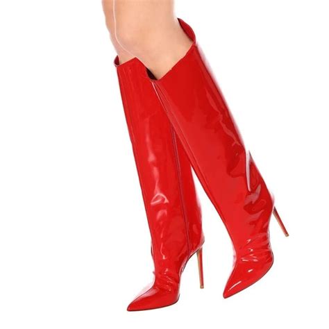 big size 34 46 red knee high boots new women mirror leather boots pointed toe shoes tide solid