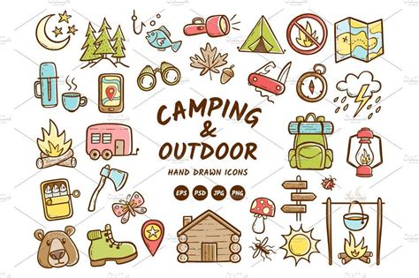 Colorful Camping And Outdoor Icons How To Draw Hands Vector