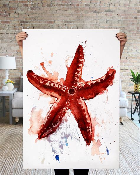 Original Watercolor Starfish Painting Red Sea Star Painting Etsy