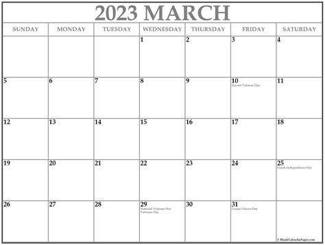 March 2023 With Holidays Calendar