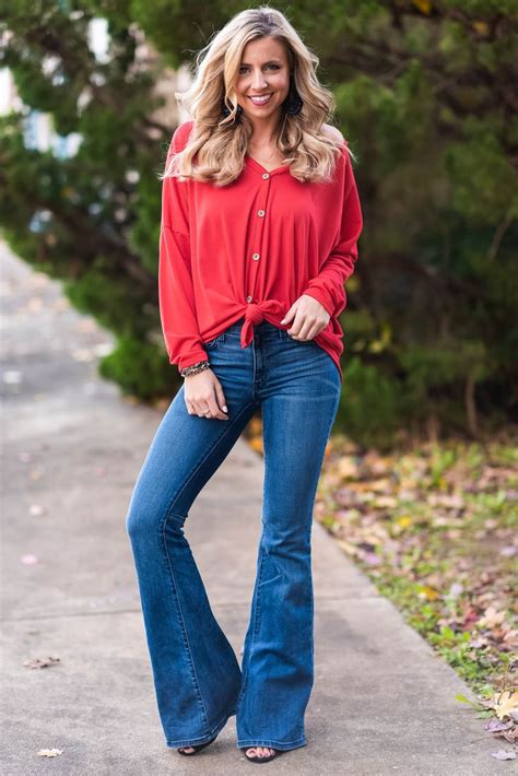Knot Going Anywhere Top Red Flare Jeans Style Denim Women Fashion