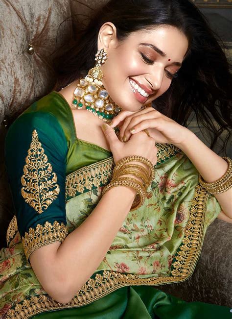 Shop Tamannaah Bhatia Raw Silk Green And Multi Colour Designer Half N Half Saree Online 181550