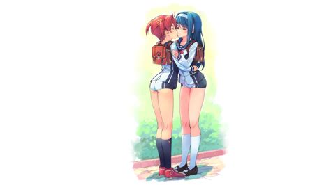 Lesbians Anime Girls Simple Background Vividred Operation Akane