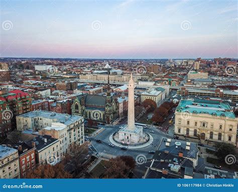 Aerial Of Mount Vernon Place In Baltimore Maryland Looking At T Stock