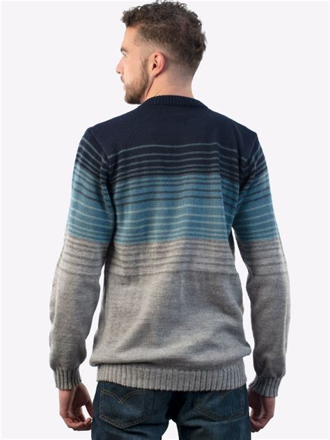 Mens Crew Neck Striped Degrade Blue Alpaca Sweater Everest Inti