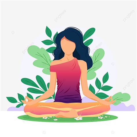 Sentado Y Meditando Ilustraciones De Yoga Mujer Con Hojas Verdes Png