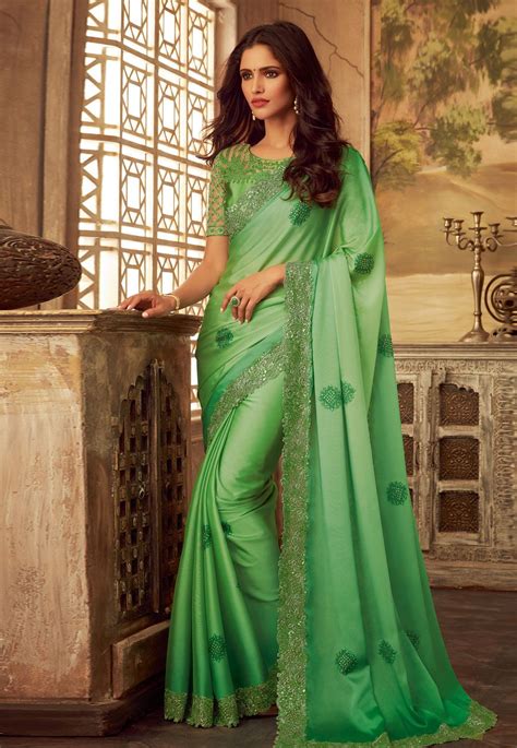Light Green Silk Saree With Blouse Indian Silk Sarees Art Silk