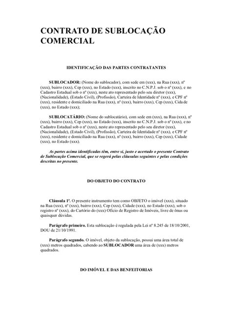 Contrato De SublocaÇÃo Comercial Lei Das Obrigações Lei Estatutária