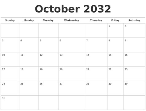 October 2032 Calendars Free