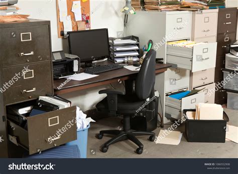 Messy Office Piles Files Disorganized Clutter Foto Stok 1086552908
