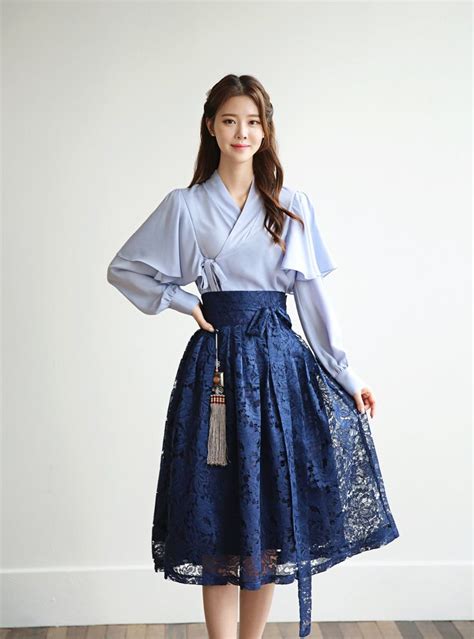 Modern Hanbok Set Tinted Blue Classic With Lace Royal Blue Skirt 전통