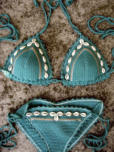 Crochet Bikini Set Deep Turquoise Blue Green Cowrie Sea Shell Etsy Crochet Bikini Set