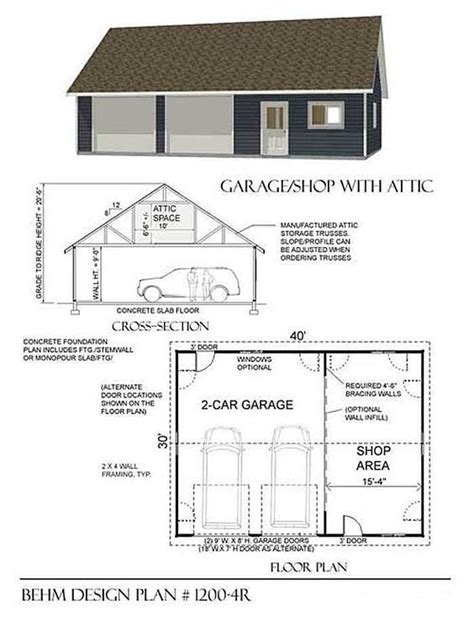 Over Sized 2 Car Garage With Shop And Attic Plan 1200 4r 40 X 30
