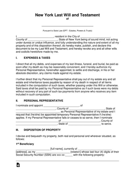 Free New York Last Will And Testament Template Pdf Word Eforms
