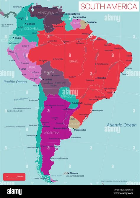 South America Detailed Editable Map With Countries Capitals Cities And