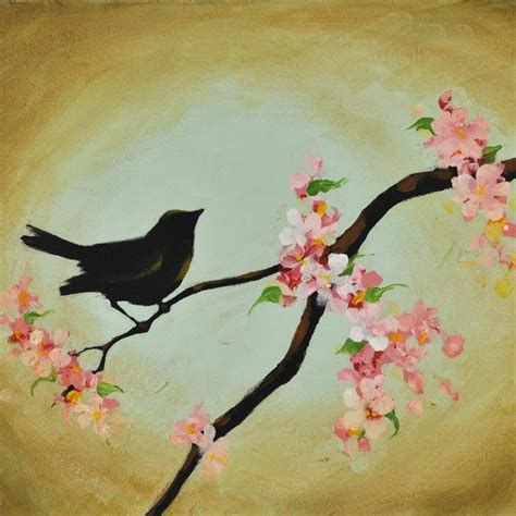 Bird In Cherry Tree Blossoms 12 X 16 Inch By Thepaintedsky Art
