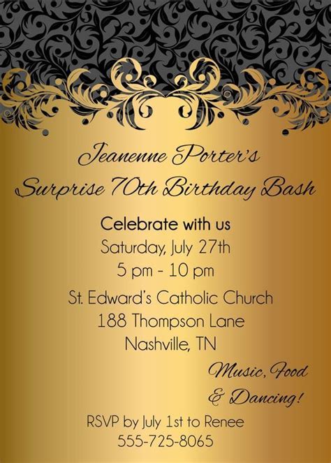 Mention that your 70th birthday celebration is finally happening make sure to ask everyone to be present so, here are some of the perfect wording ideas for sending personalized invitations. fabulous-surprise-70th-birthday-bash-invitation-idea-gold ...