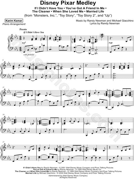 Karim Kamar Disney Pixar Medley Sheet Music Piano Solo In Eb Major