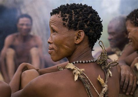 bushman people around a fire in a traditional village tsumkwe namibia namibia african
