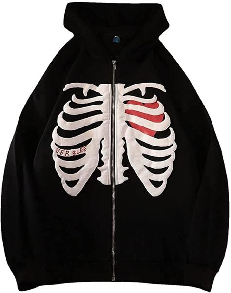 Womens Y2k Skeleton Zip Up Hoodie Casual E Girl 90s Sweatshirt
