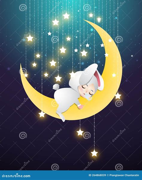 Baby Rabbit Sleeping On The Moon With Starry Night Stock Vector