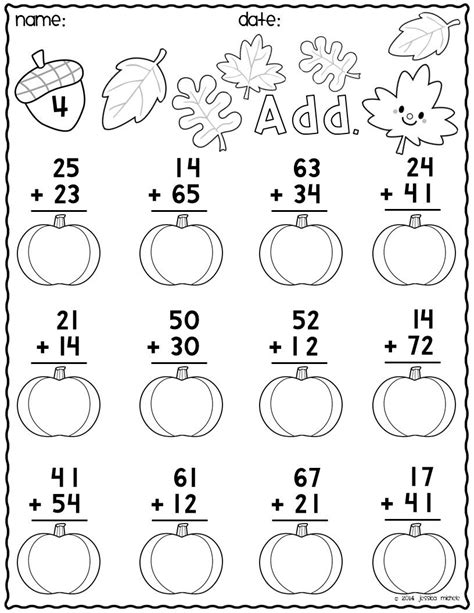 Print And Go Two Digit Addition Printables Autumn Kids Math