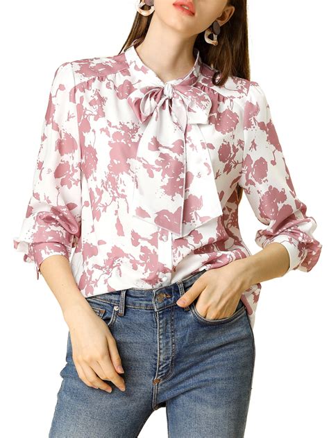 Allegra K Women S Boho Floral Print Long Sleeves Bow Tie V Neck Blouse Tops Walmart Com