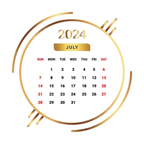 Calendario Del Mes De Julio De 2024 Dorado Y Negro Vector Png