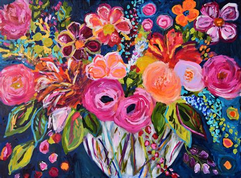 Fine Art Print Large Still Life Abstract Flowers Colorful Bouquet Indigo Navy Coral And
