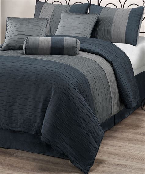 7 Piece Comforter Set Slate Blue Charcoal Grey Silver Stripe Bedding