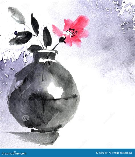 Watercolor Painted Still Life With Flower In Vase Stock Illustration