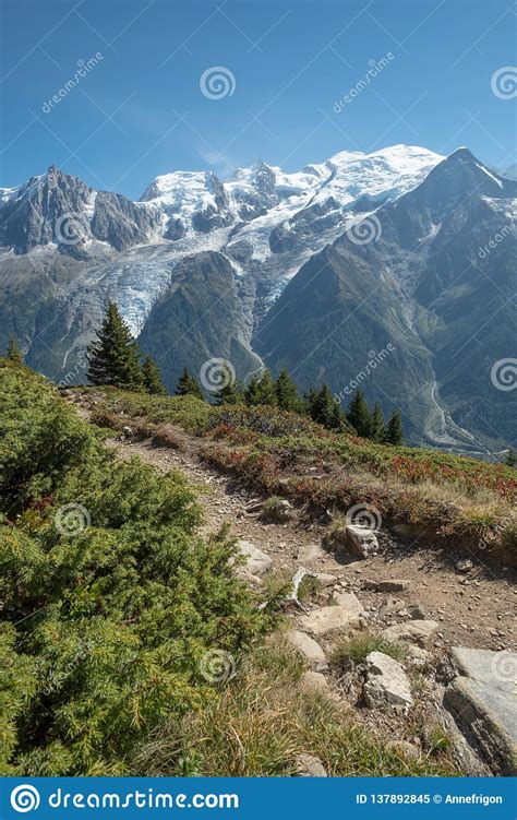High Mountain Trail Provides Fabulous Views Of Mt Blanc France Stock