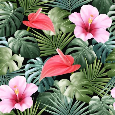 Premium Vector Seamless Pattern Flower And Tropical Leaves